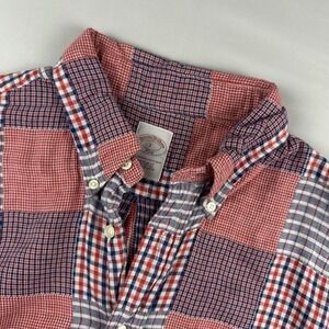 Brooks Brothers Patchwork Print Shirt Mens Large Red Plaid Short Sleeve Button